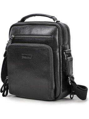 Men's Black Genuine Leather Small Messenger Bag Zipper Adjustable Shoulder Strap
